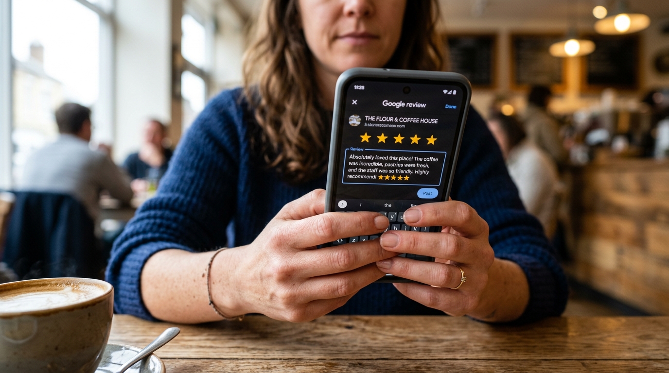 Mujer escribiendo una reseña en su teléfono